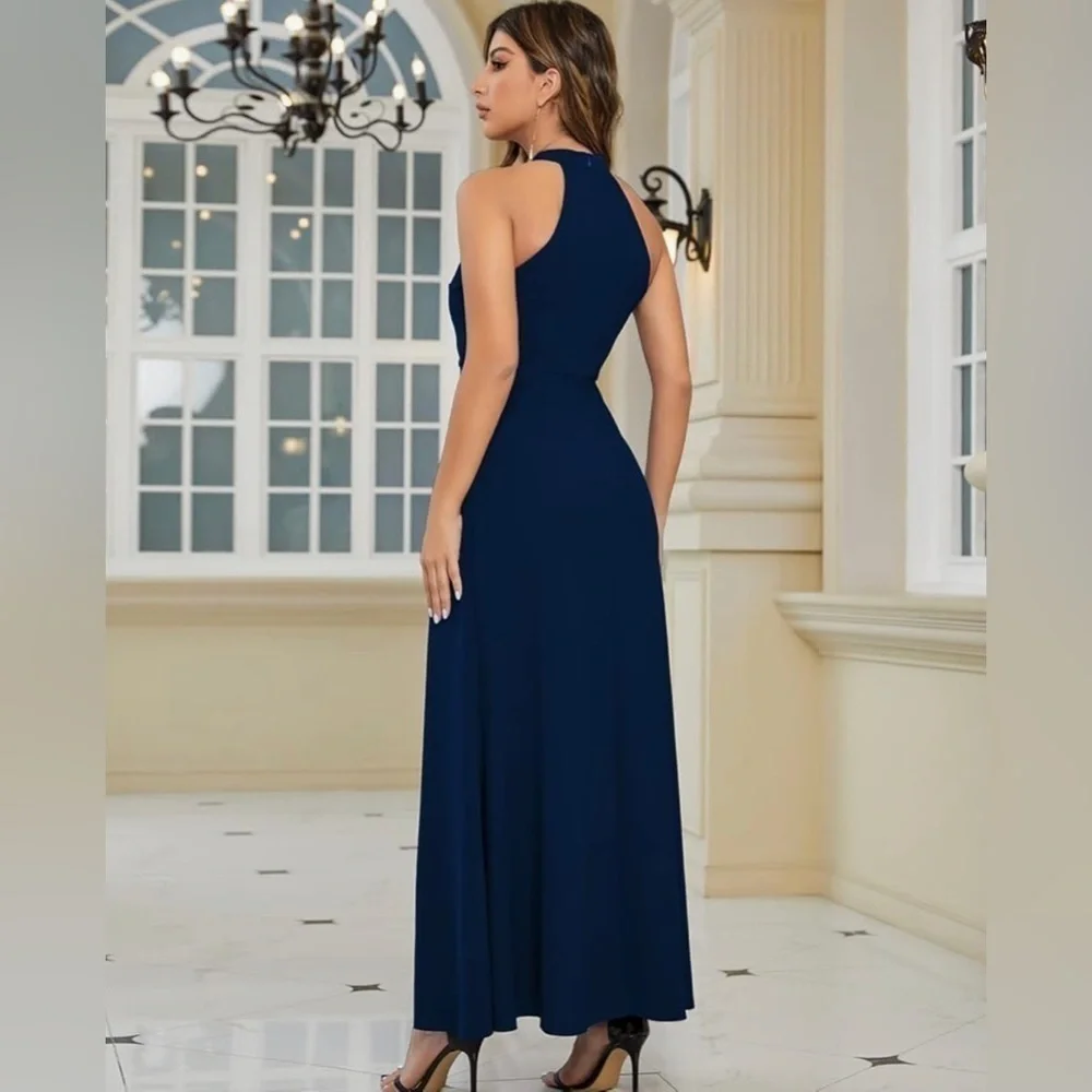 NWT Navy Blue Halter Neck Split Sleeveless Cocktail Long Dress Sz XL - Picture 6 of 6